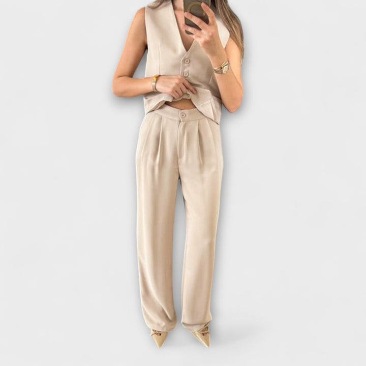 Hazel - Stylish Solid Color V-Neck Vest and Pants Two-Piece Set